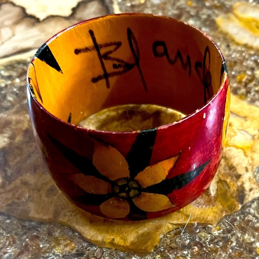Wooden Handmade Painted Floral Bracelet Bohemian Signed